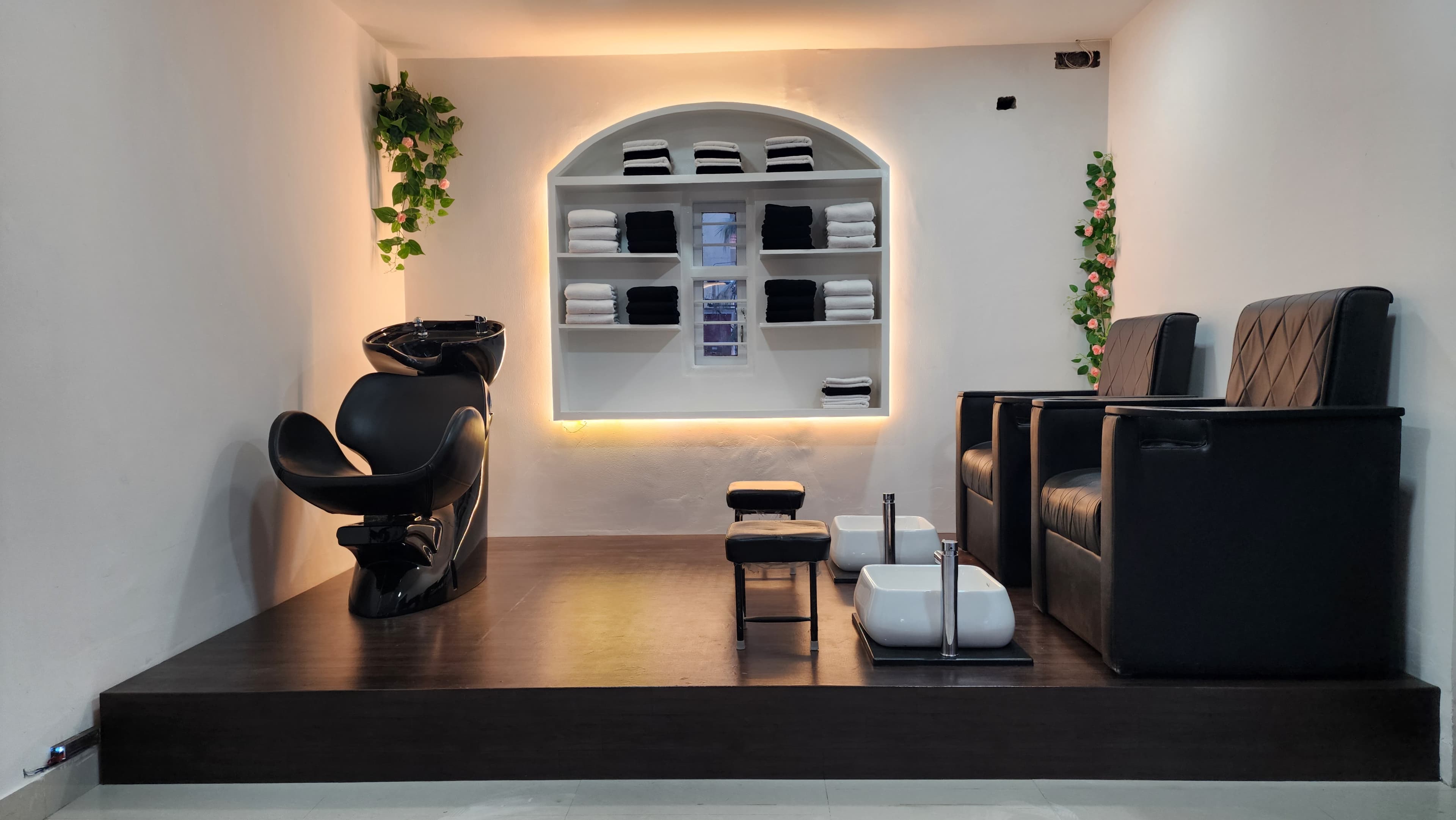 Hair wash station and pedicure chairs with arch niche, Fashionic Salon